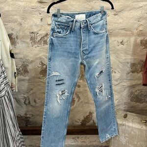 MOTHER Tomcat Ankle Denim Jeans Distressed Crop High Rise Waist Light Wash 28